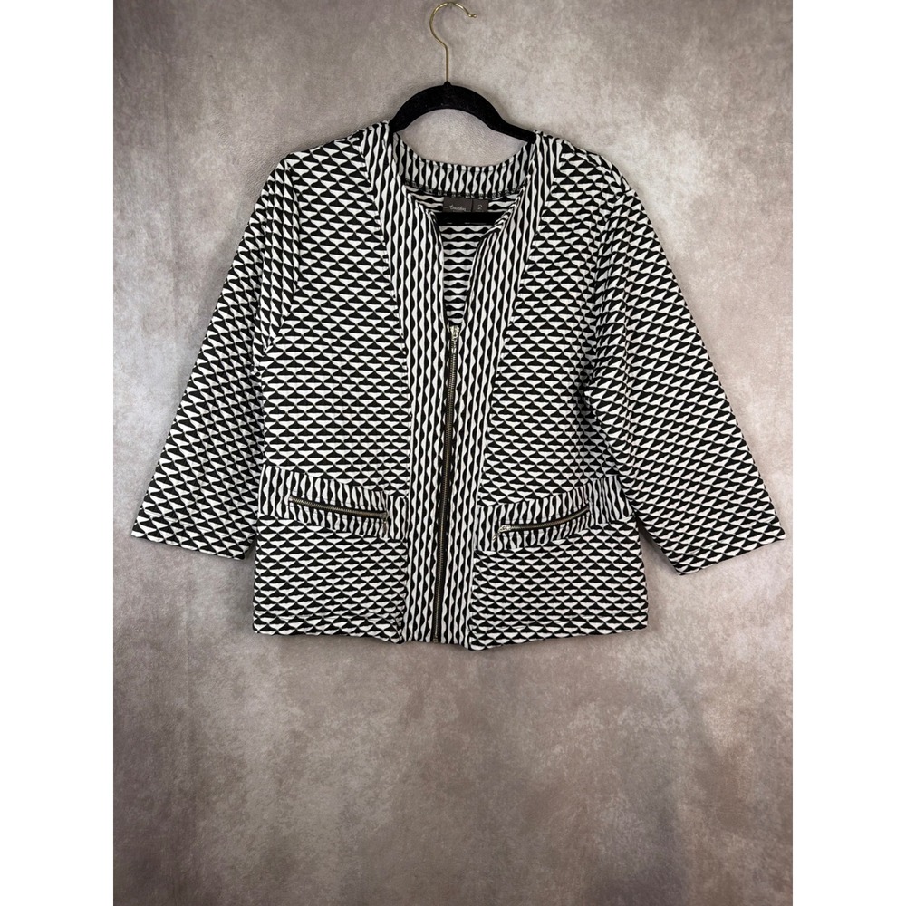 Chico's Travelers Jacket Womens 2 Large Black White Geometric Zip Front Textured